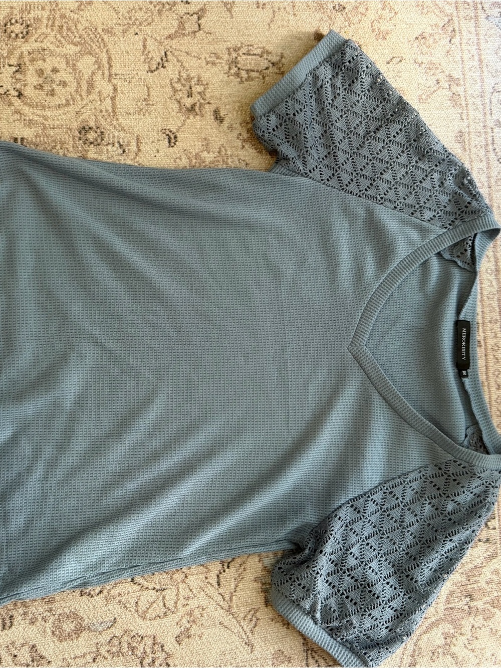 Women’s Slate Blue Knit V-Neck Top with Lace Sleeve Detail